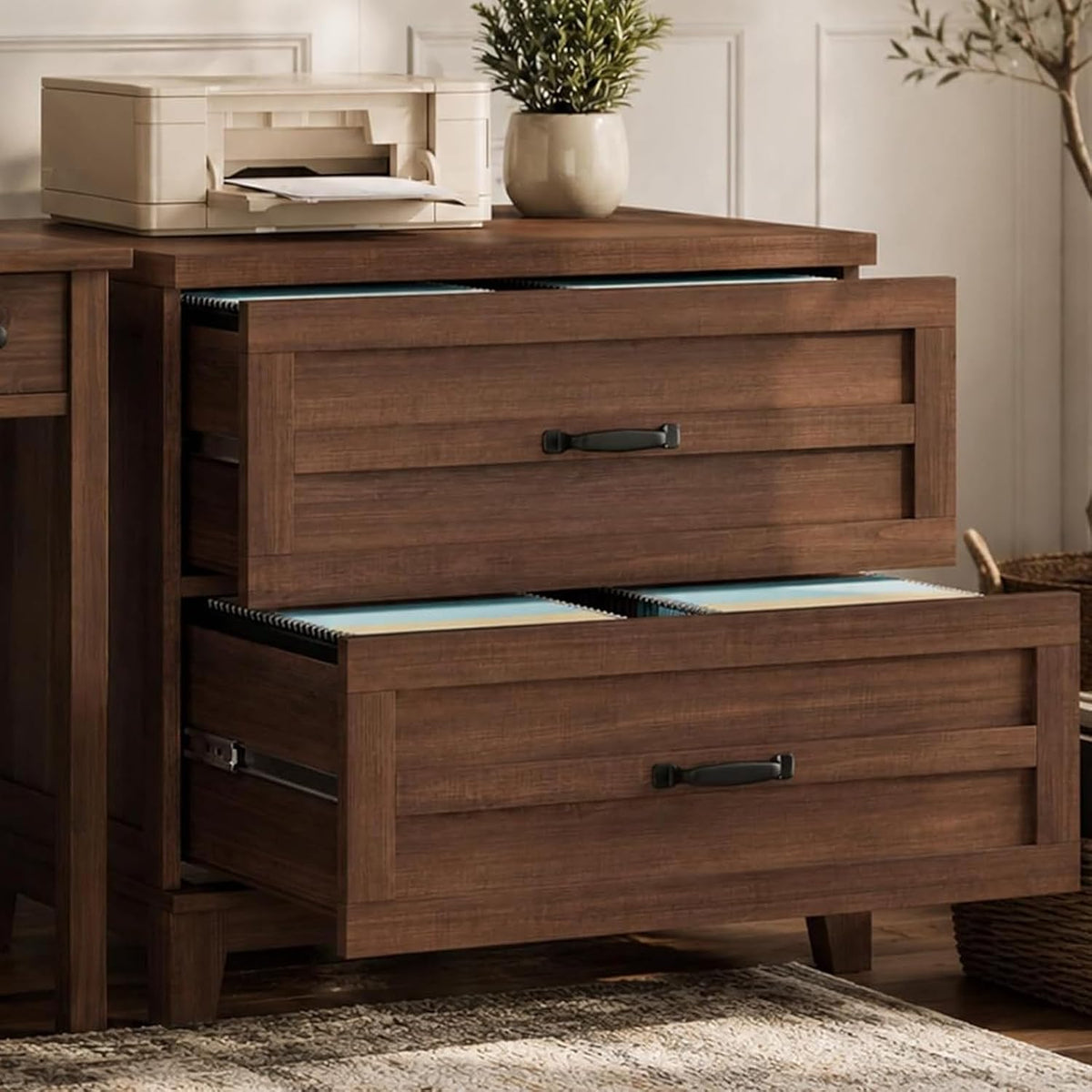 2 Drawer Farmhouse Lateral File Cabinet , Deep Filing Drawers Fit Legal Letter & A4 Hanging Files, Wide Storage