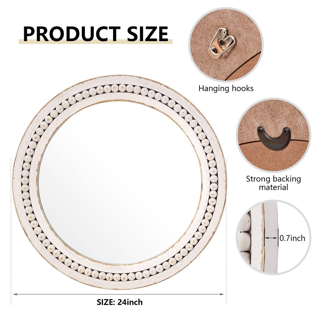 Round Wall Mirror 24" Wood Circle Bathroom Boho Decor Mirrors