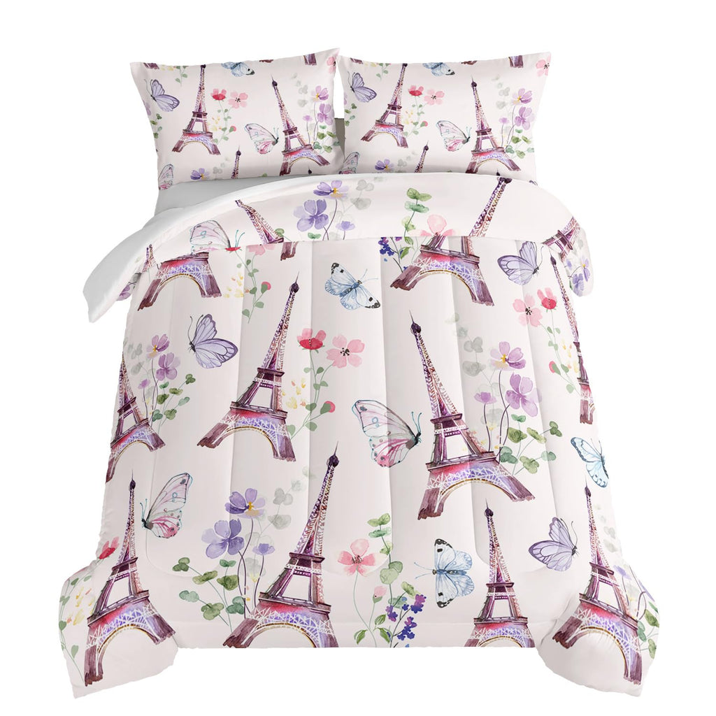 French Bedding Eiffel Tower Comforter with 2 Pillowcases, Romantic Paris Themed Bedroom Decor Princess Comforter Set
