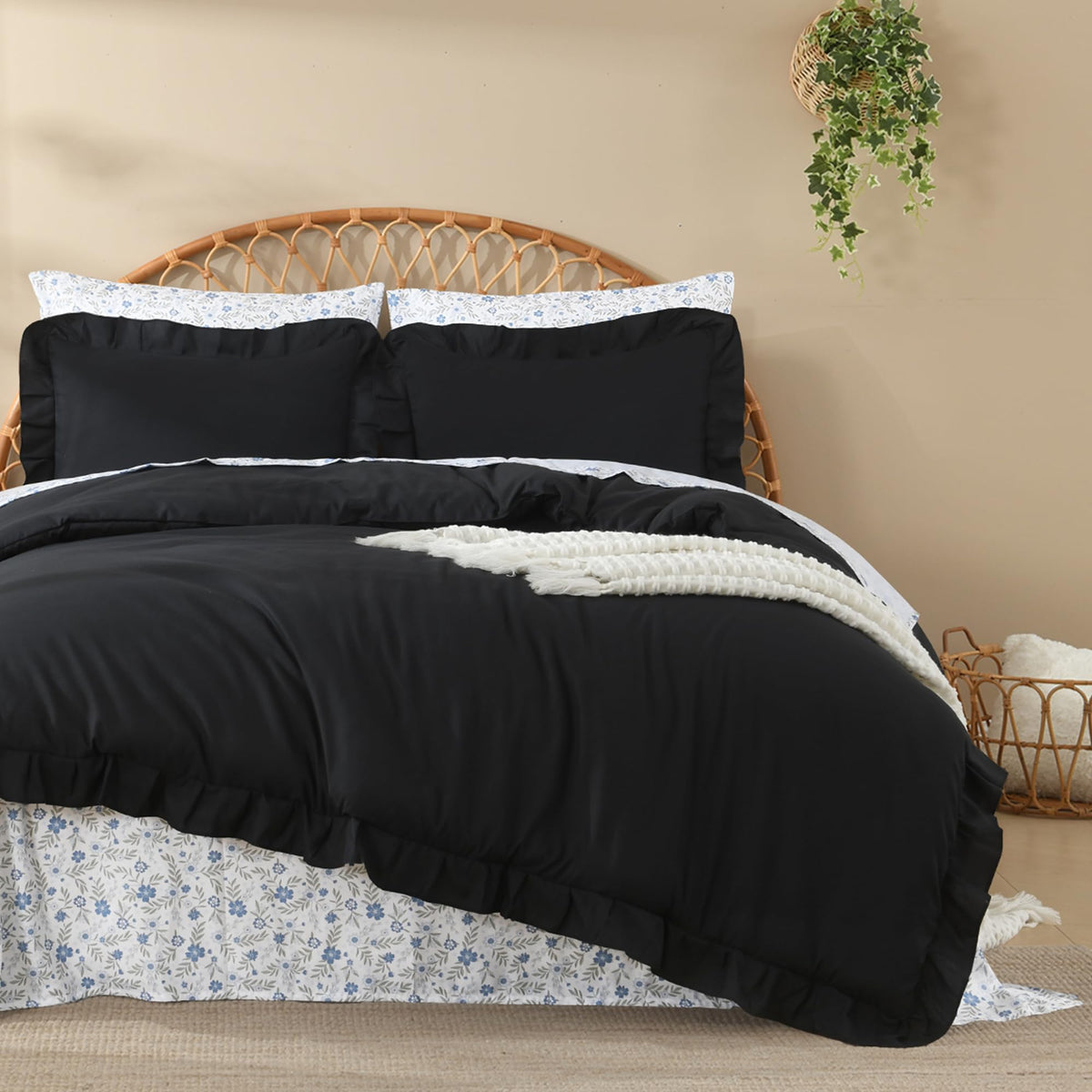 7Pcs Ruffled Black Comforter Set with Floral Sheets