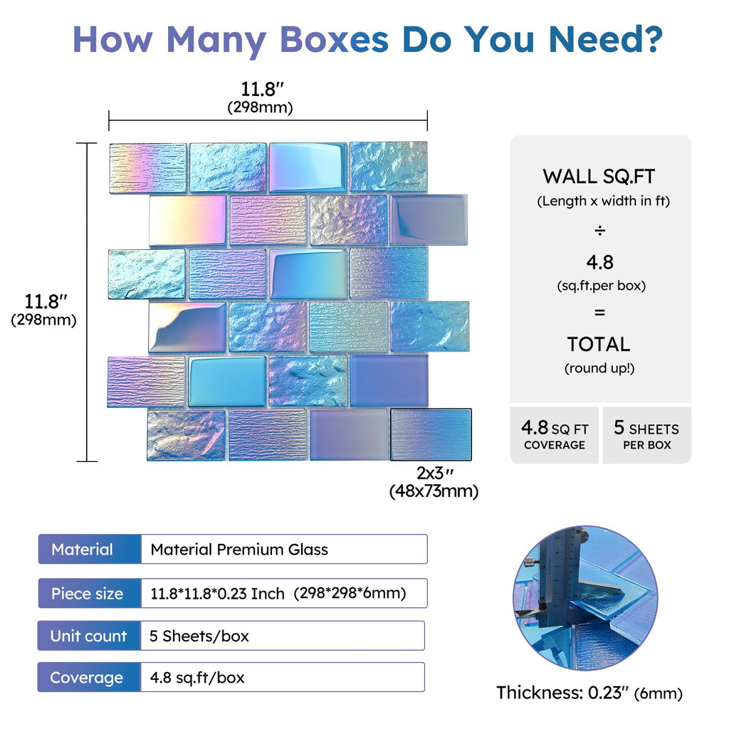 Pool Glass Mosaic Tiles, Iridescent Blue, 2x3 Inch Brick, 5 Sheets