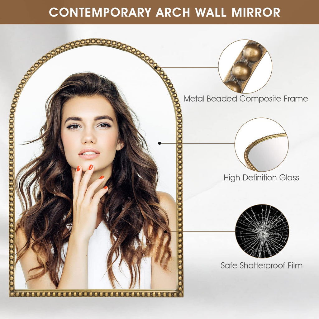 Arched Wall Mirror - 24"x36" Metal Beaded Frame Decorative Accent Mirror, Large Modern Rustic Distressed Hanging Wall