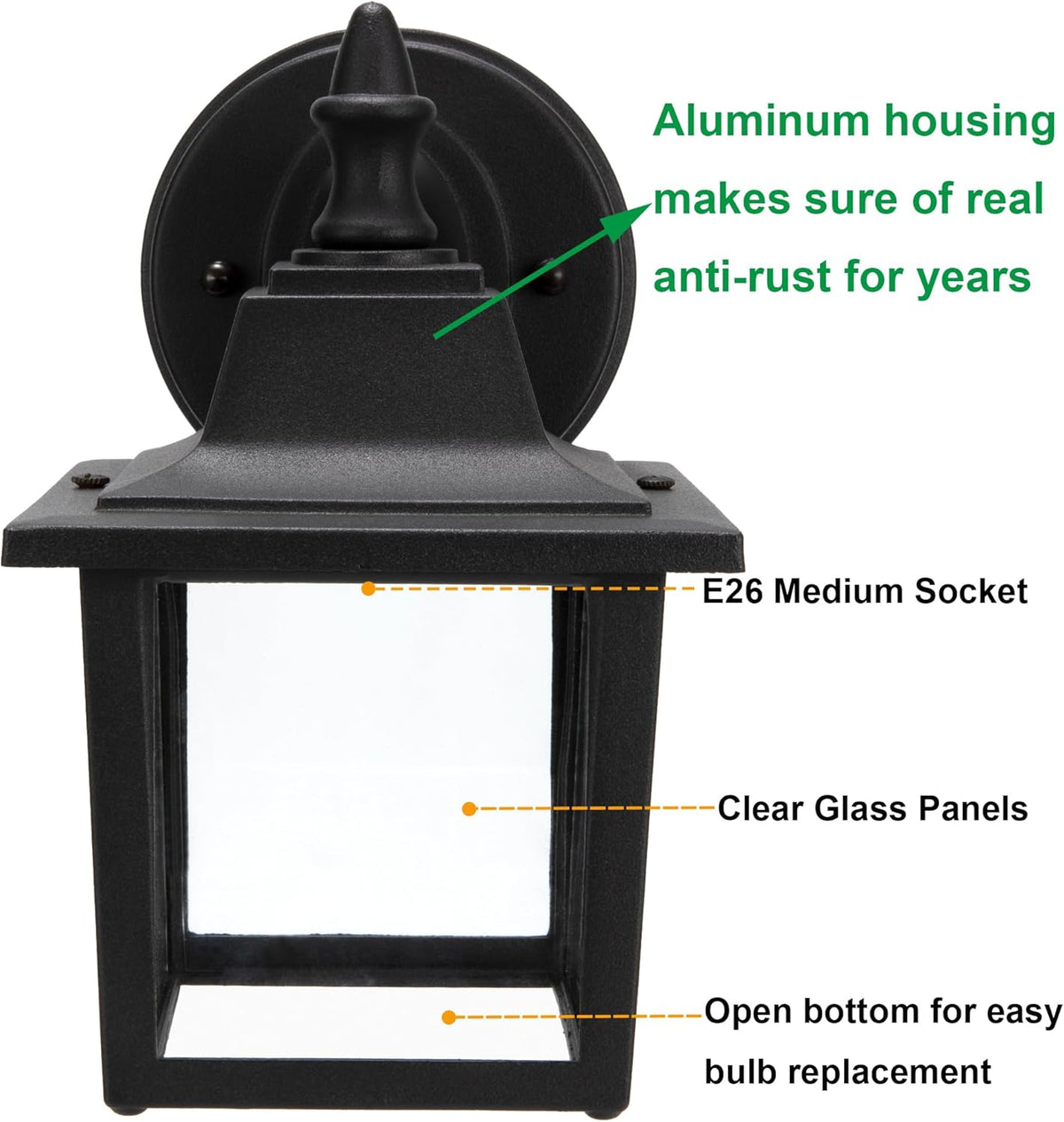 Outdoor Wall Lantern, Wall Sconce as Porch Lighting Fixture, E26 Medium Base 60W Max., Aluminum Housing Plus Glass