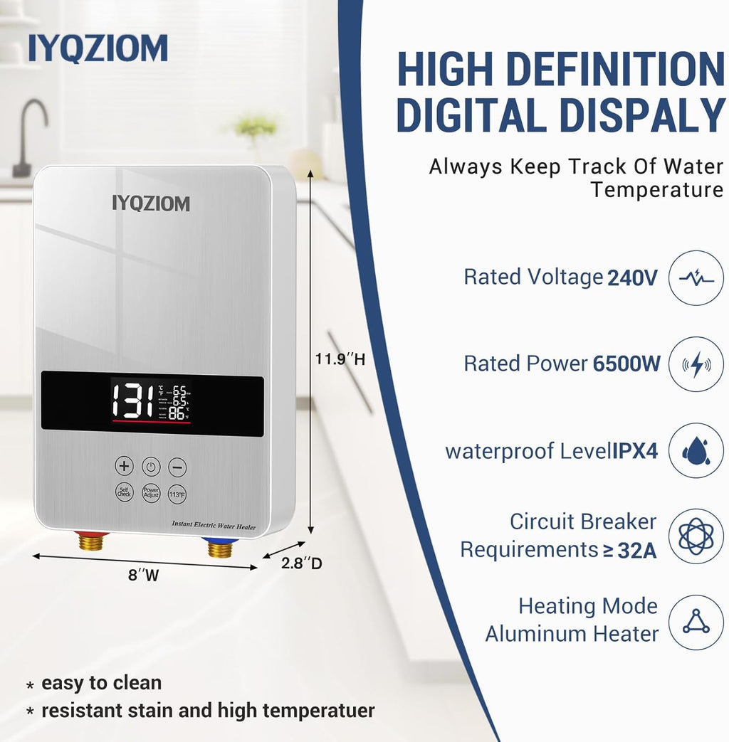 Tankless Water Heater 6.5KW 240V, Instant Electric Water Heater Self Modulating Technology, Overheating Protection