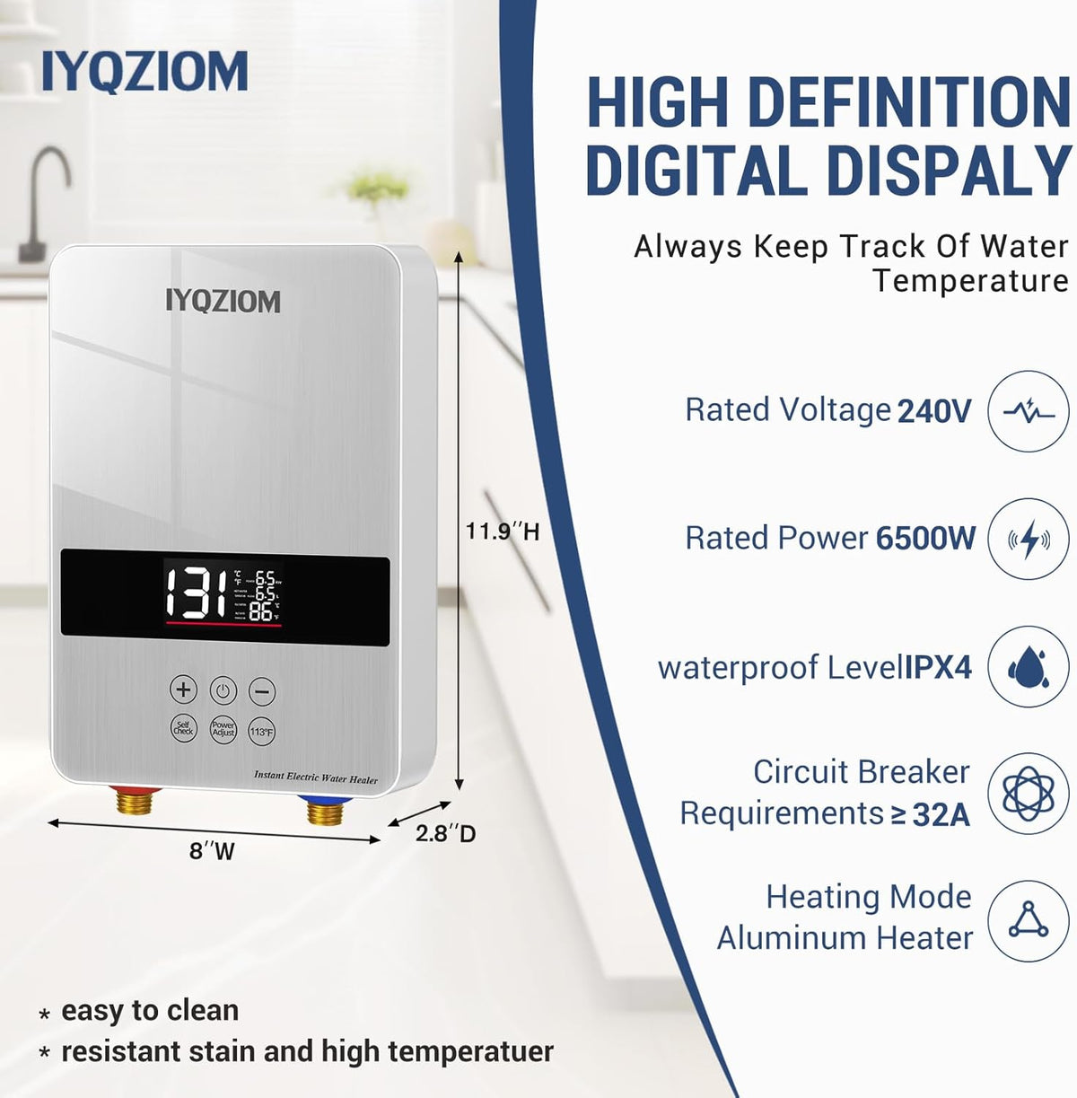 Tankless Water Heater 6.5KW 240V, Instant Electric Water Heater Self Modulating Technology, Overheating Protection