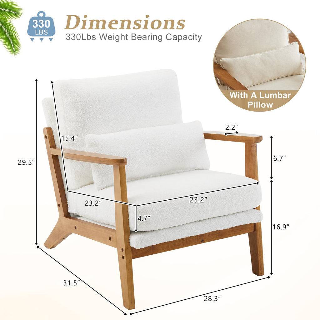 Solid Wood Wide Armrests Accent Chair Set of 2, Upholstered Mid Century Modern Chair with Pillow, Farmhouse Arm Chair
