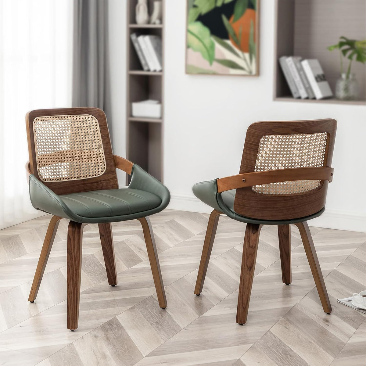 Dining Chairs Set of 2, Green Dining Chairs with Walnut Bentwood Frame, Ergonomic Rattan Back and Curved Arms for Kitchen or Living Room