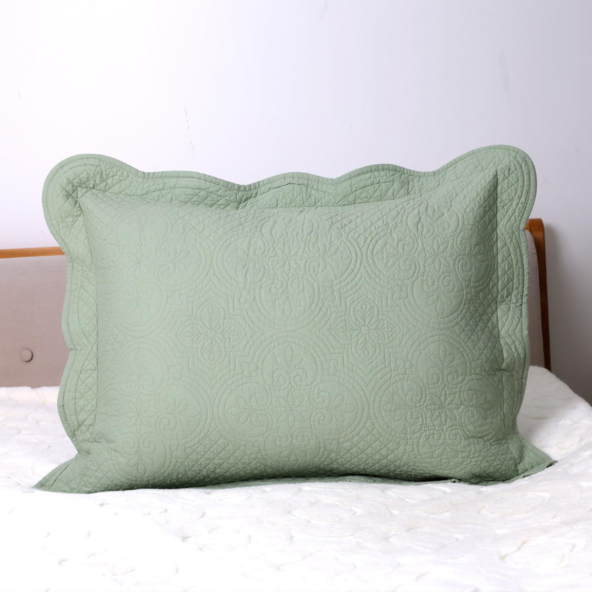 Quilted Pillow Sham Sage Green Standard Cotton Medallion Damask Set of 2 Embroidered Floral Scalloped Pillowcases