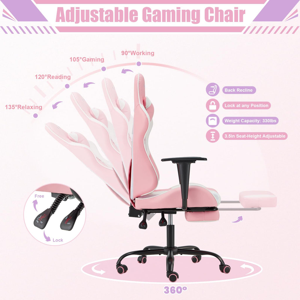 Pink-White Ergonomic PC Massage Gaming Chair