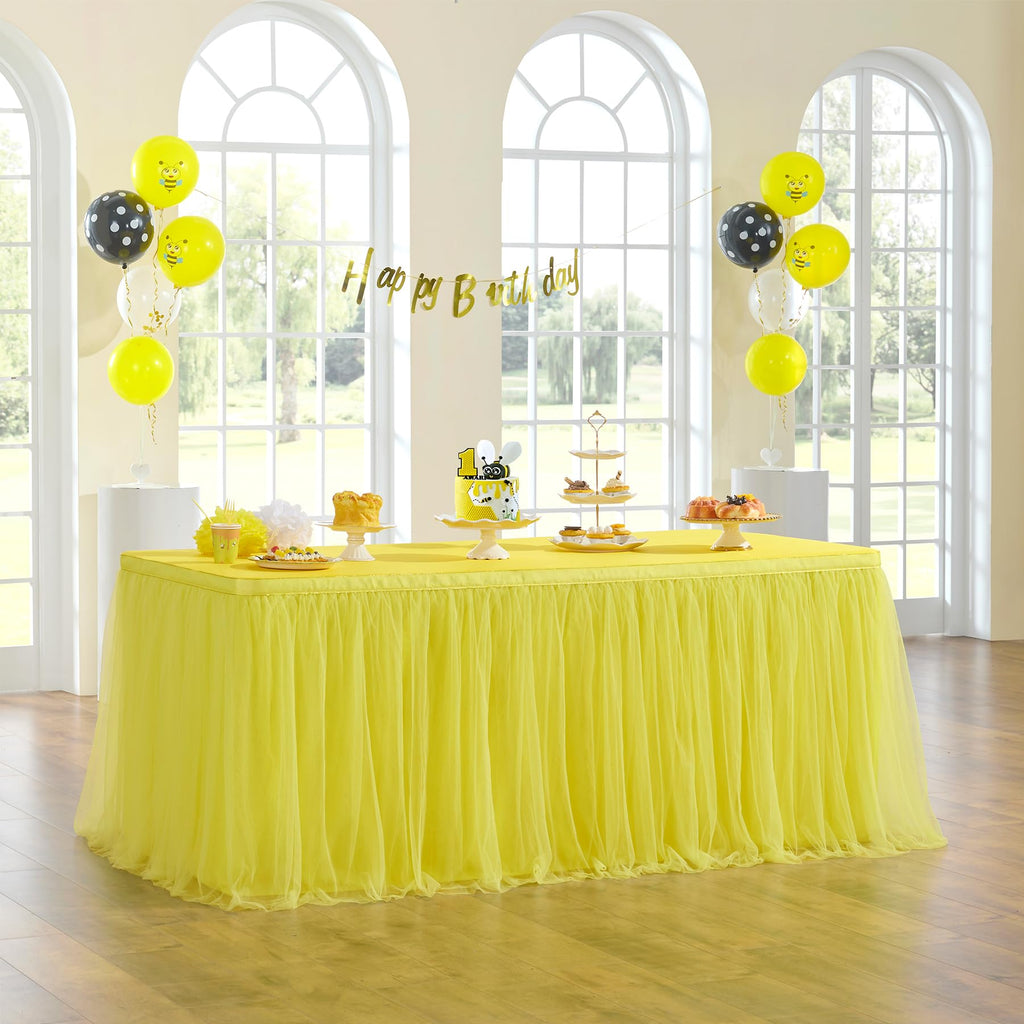 108in Yellow Tulle Table Skirts for Rectabgle Tables 6/8/4ft, 2-Layer Gold Grim Ruffle Tulle Tutu Cloth Table Skirt