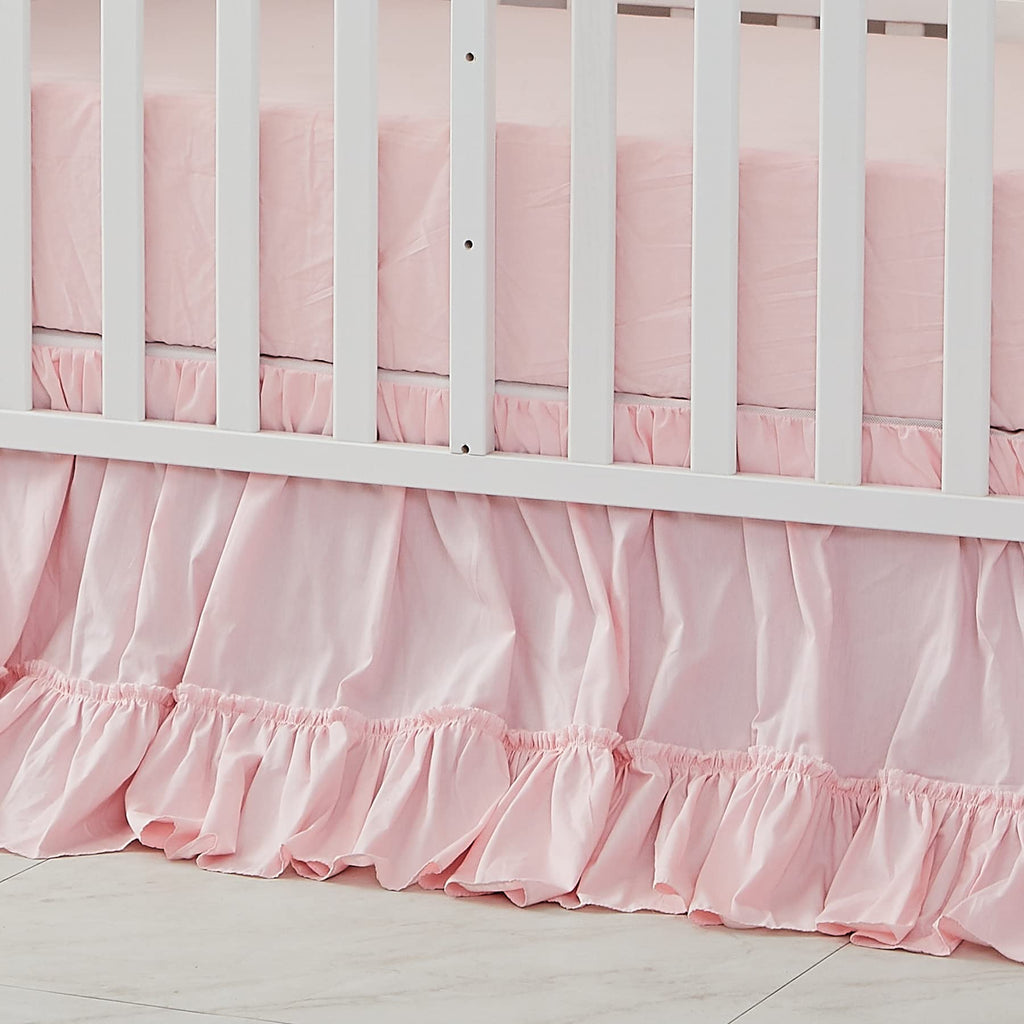 Crib Bed Skirt for Baby Girls Boys Blush Pink Boho Bohemian Solid Cotton Toddler Bedskirt Farmhouse Chic Ruffle