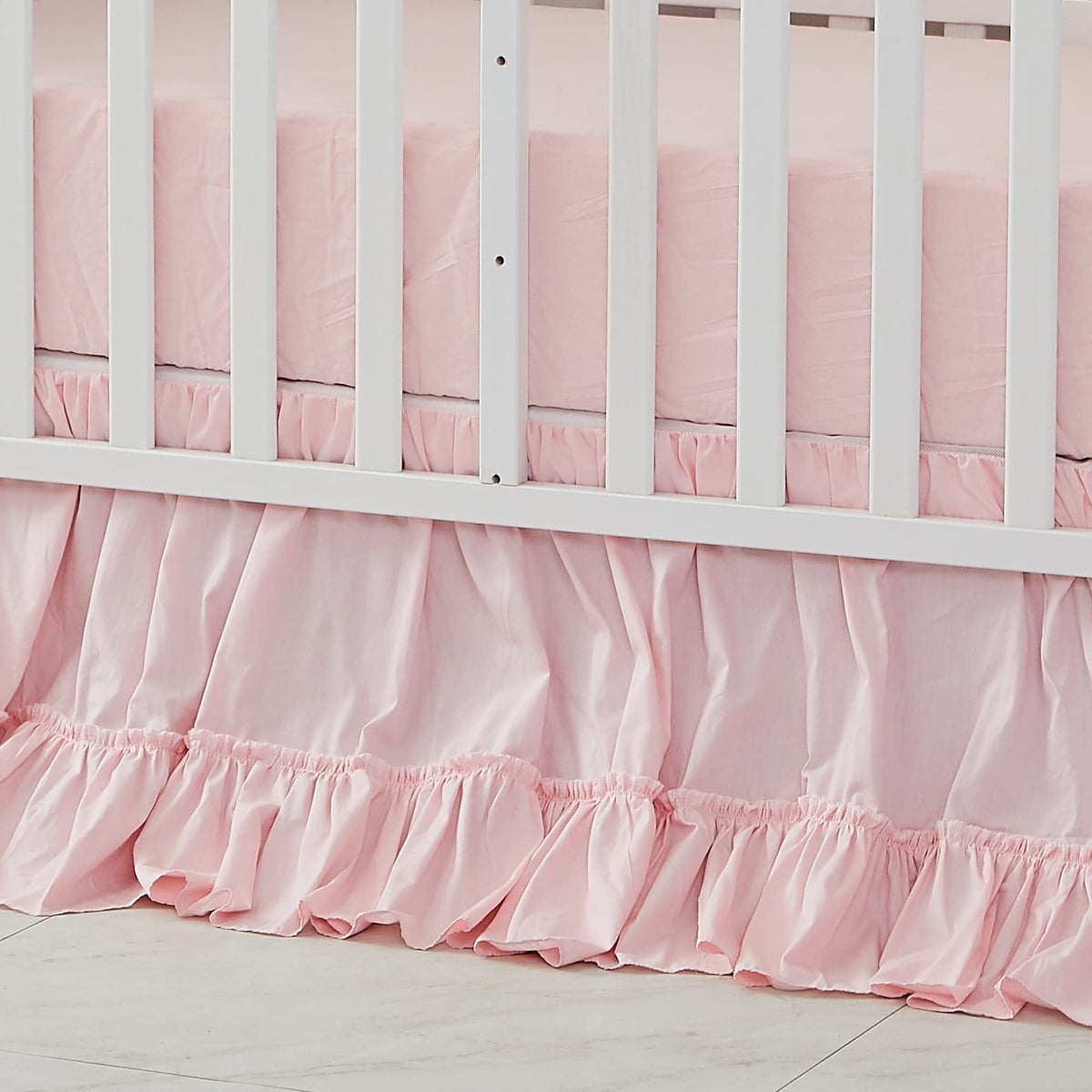Crib Bed Skirt for Baby Girls Boys Blush Pink Boho Bohemian Solid Cotton Toddler Bedskirt Farmhouse Chic Ruffle