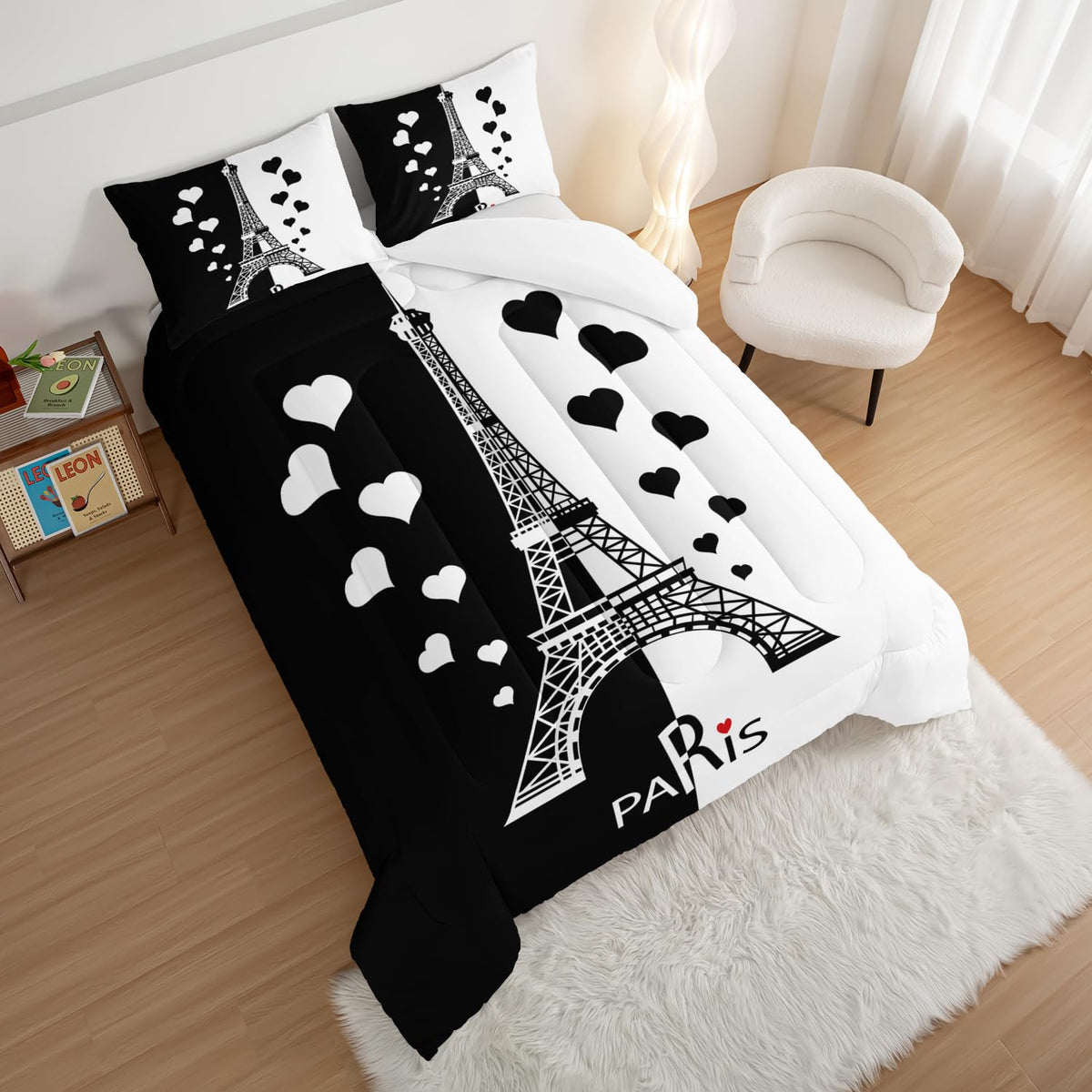 Black and White Stitching Love Heart Paris Bedroom Comforter Set, Eiffel Tower Modern French Style Bedroom