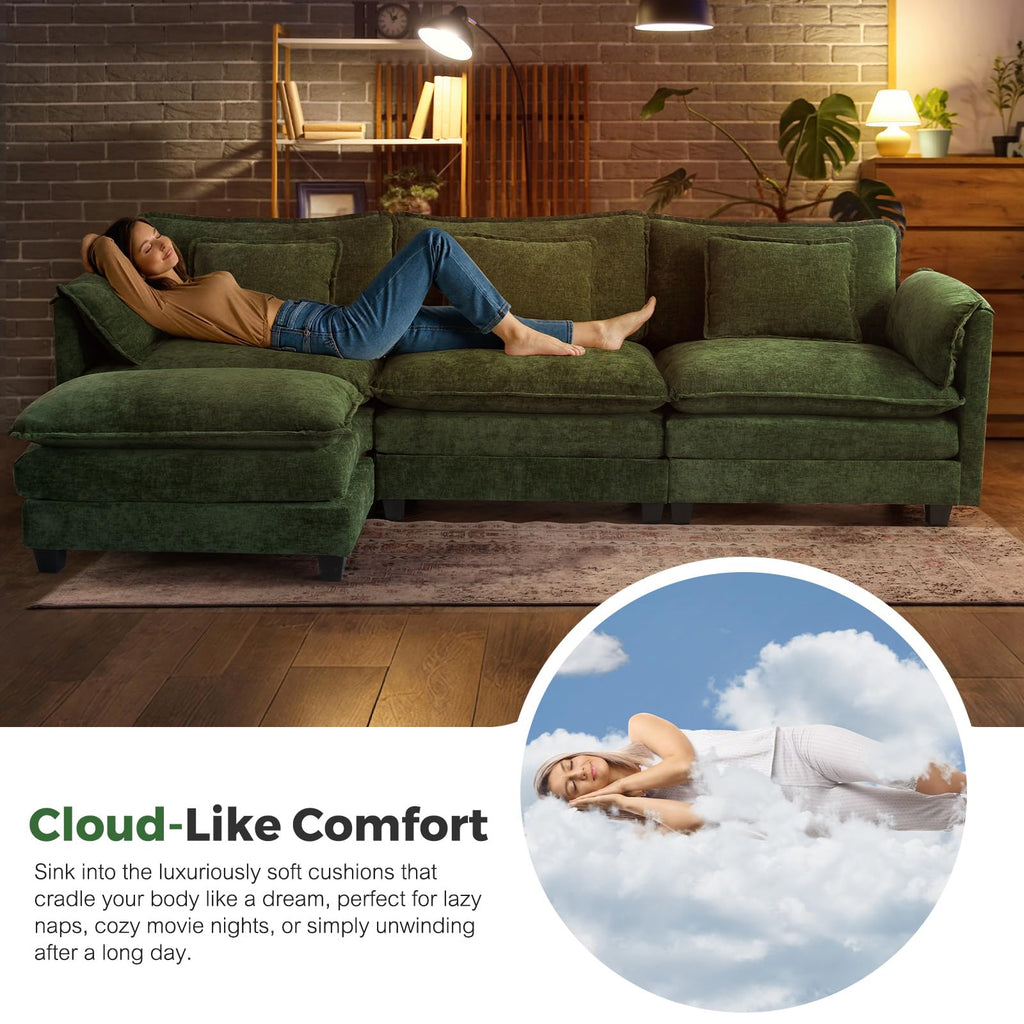 150" Oversized Green Sectional Cloud Couch, Modular Couches, Large 8-Seat Deep Seat Sofa Sleeper Bed, Modern Sofa