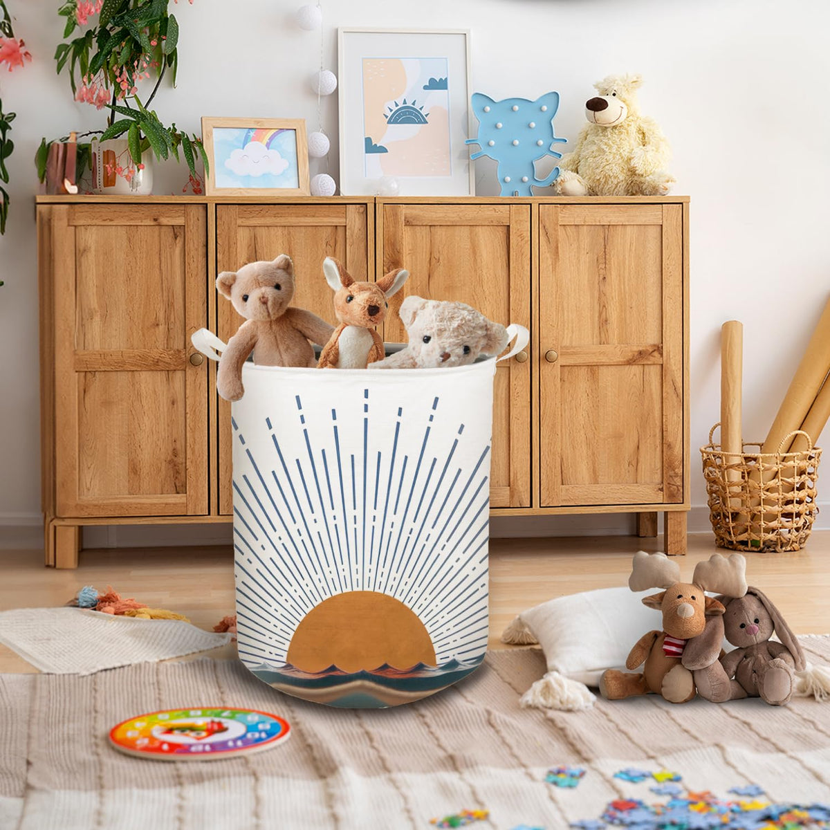 Boho Laundry Basket, Mid Century Modern Boho Terracotta Sun Sea Wave Waterproof Collapsible Laundry Hamper Dirty