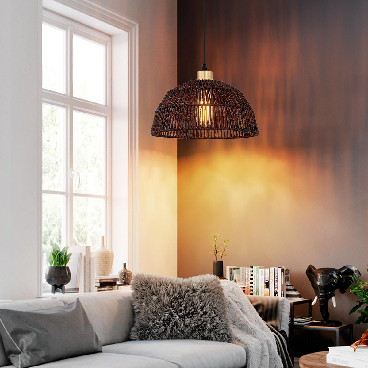 Plug in Pendant Light, Hanging Lights with 15ft Cotton Cord & Stepless Dimming Switch, Handwoven Hemp Rope Lampshade