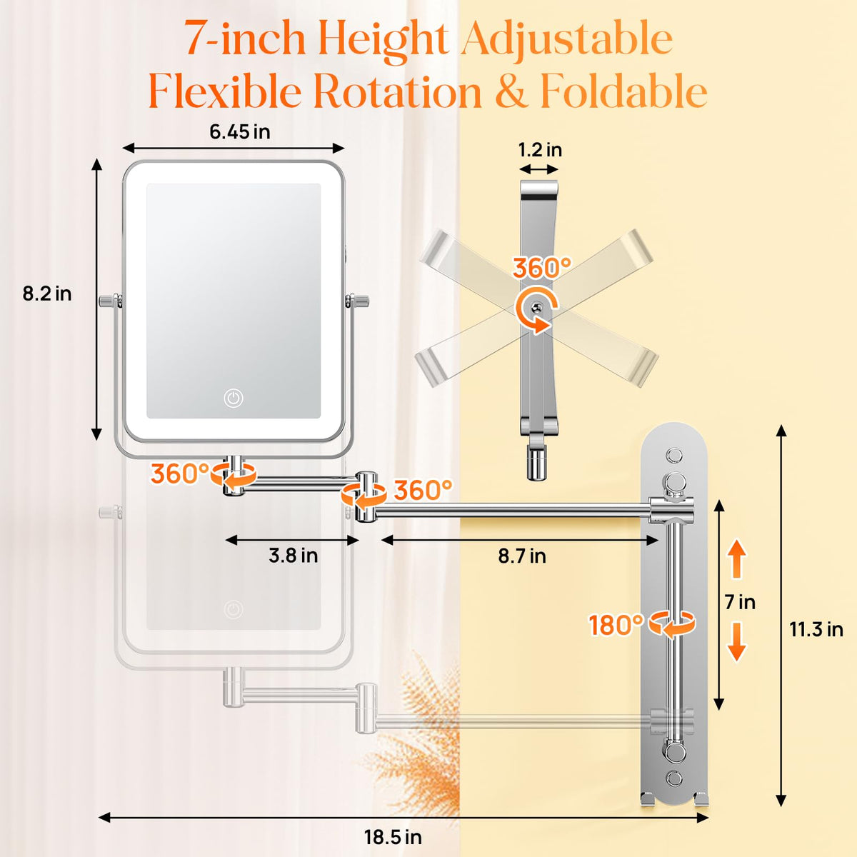 Height Adjustable Wall Mounted Lighted Makeup Mirror with Hooks