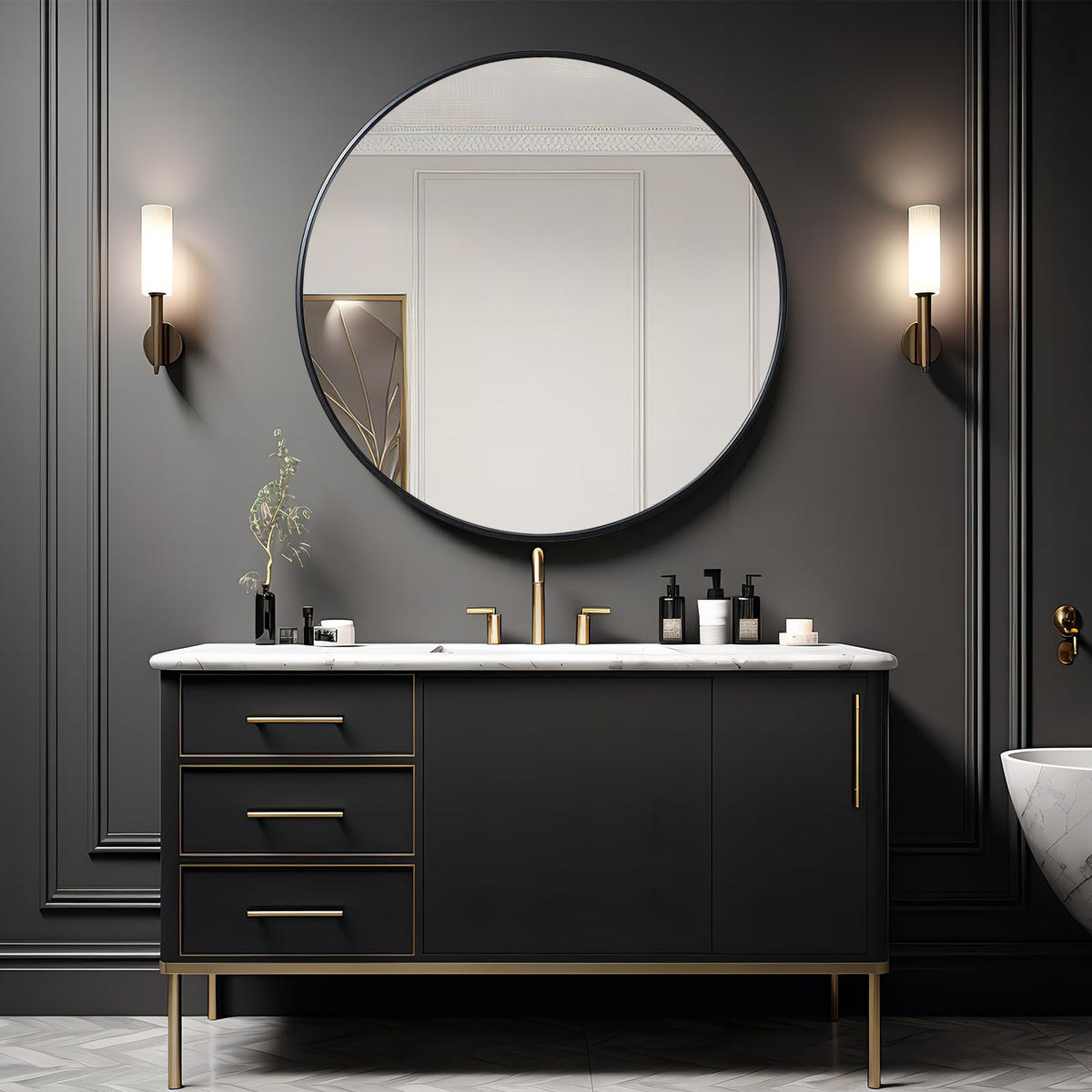 39 inch Black Round Mirror, Large Wall Mounted Circle Mirror Metal Frame, Entry, Dining Room, & Living Room