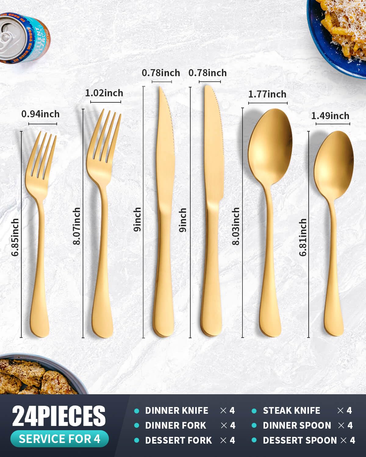 Matte Gold Silverware Set with Steak Knives,24-Piece Stainless Steel Flatware Set for 4,Modern Cutlery Utensils