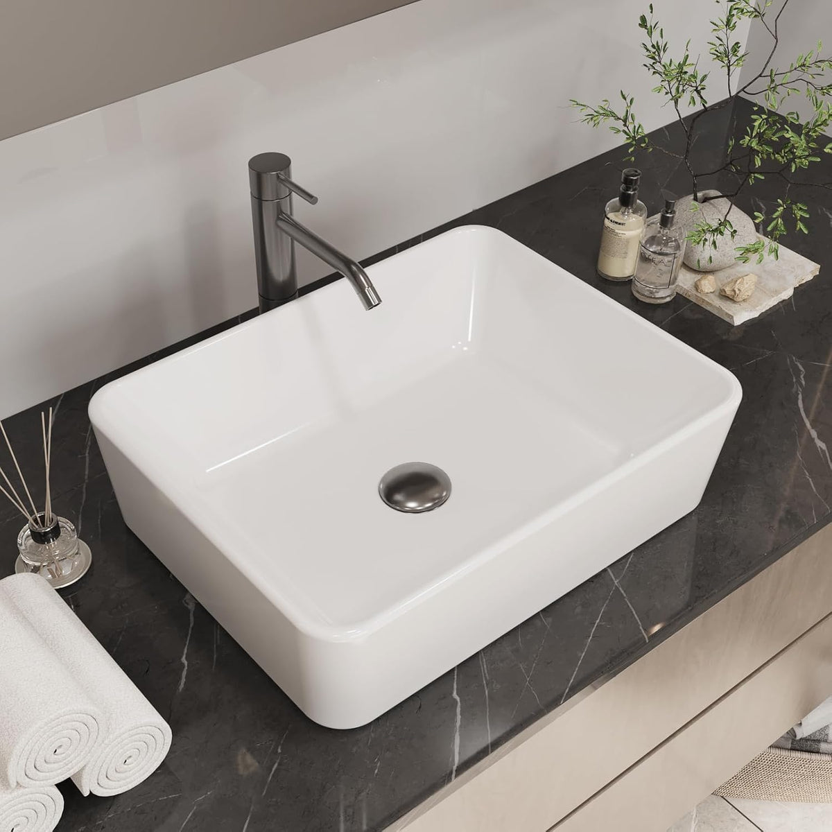 19"X15" Bathroom Vessel Sink Rectangular Above Counter White Porcelain Ceramic Modern Vanity Sink Rectangle Art Basin