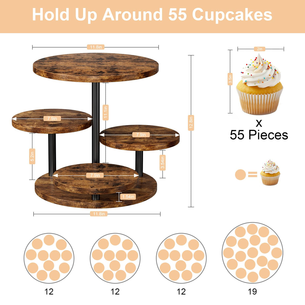 Cupcake Stand 4 Tier for 50 Cupcakes Wooden Cake Stand 360°Rotatable Dessert Stands Round Cookie Tiered Tray Stand