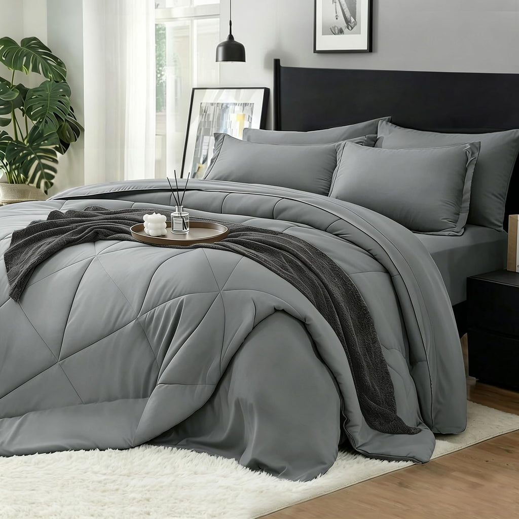 Comforter Set 7 Pieces, Solid Dark Grey Bed in A Bag