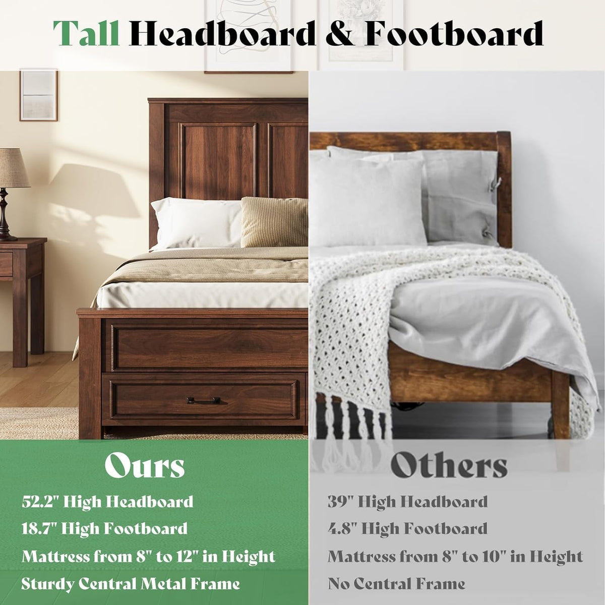 52.2" Farmhouse Bed Frame with Headboard, Rustic Brown