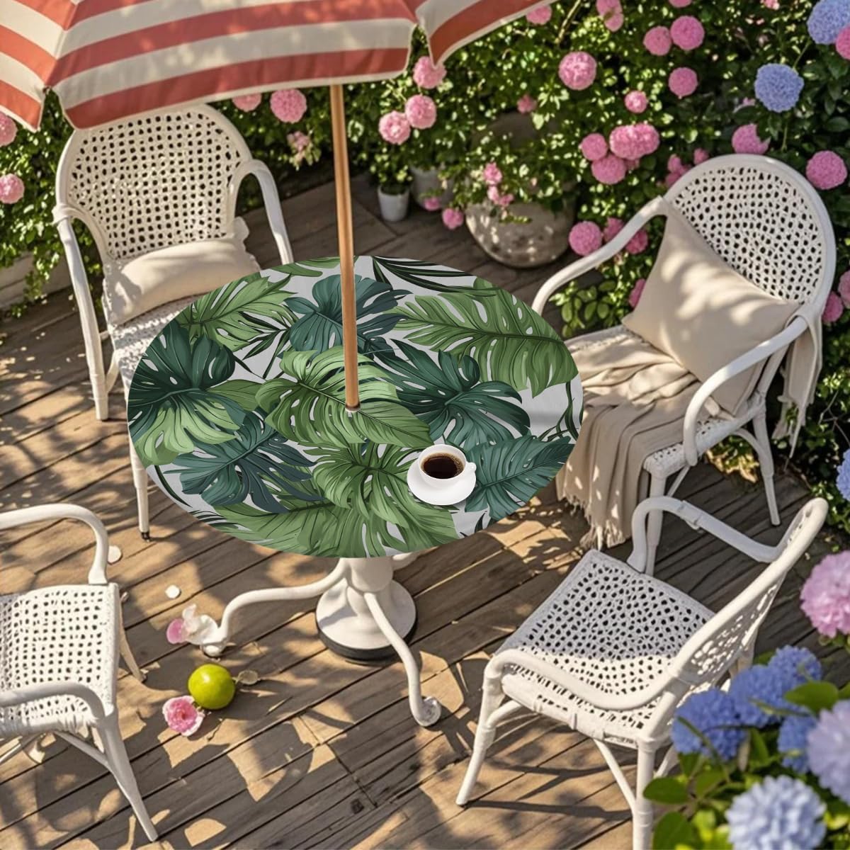 Round Outdoor Tablecloth with Umbrella Hole, Elastic Fitted Table Cloth with Invisible Zipper, Tropical Palm Leaf