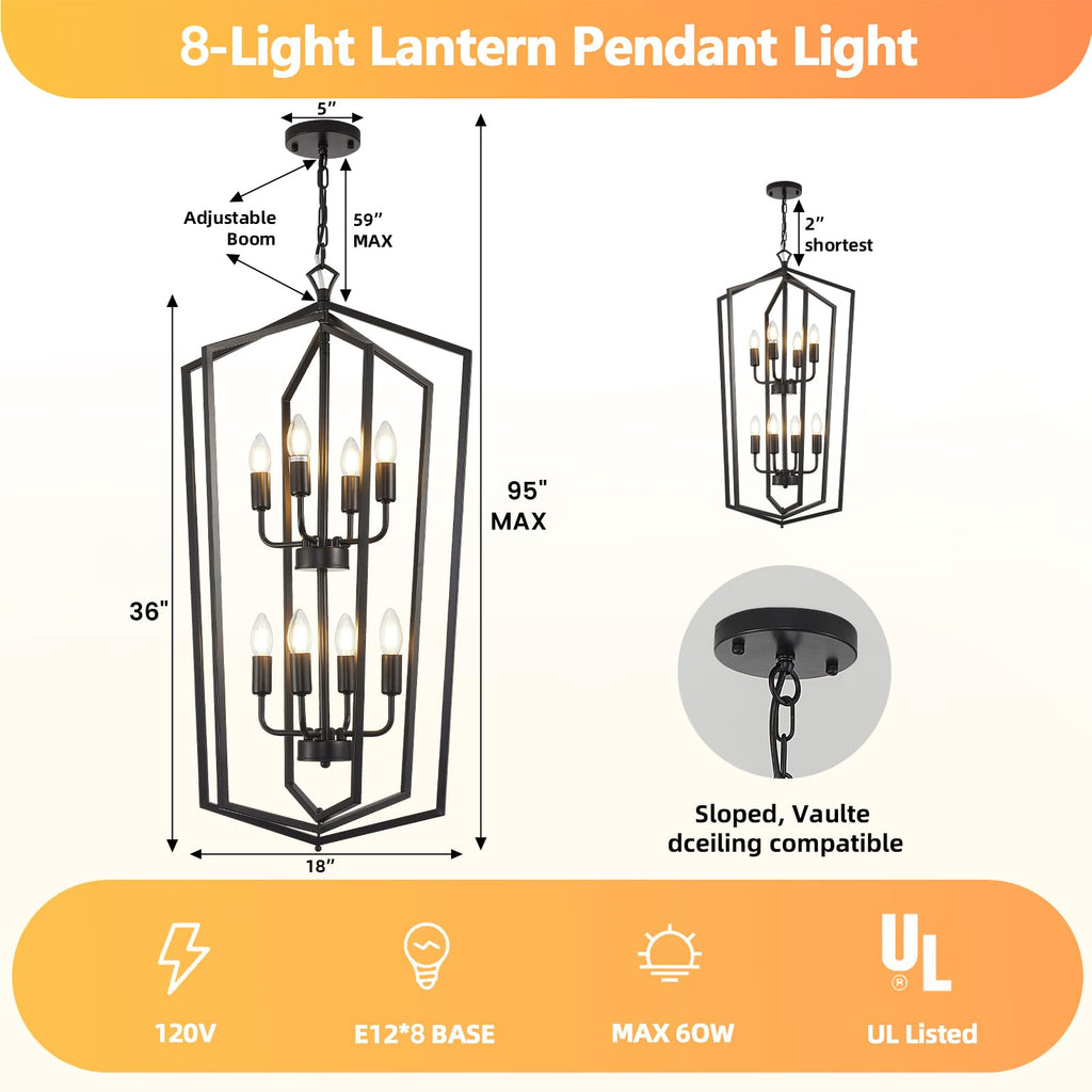 Black Chandelier, 8-Light Tiered Lantern Pendant Light, Modern Farmhouse Foyer Lighting Fixtures, Large Chandeliers