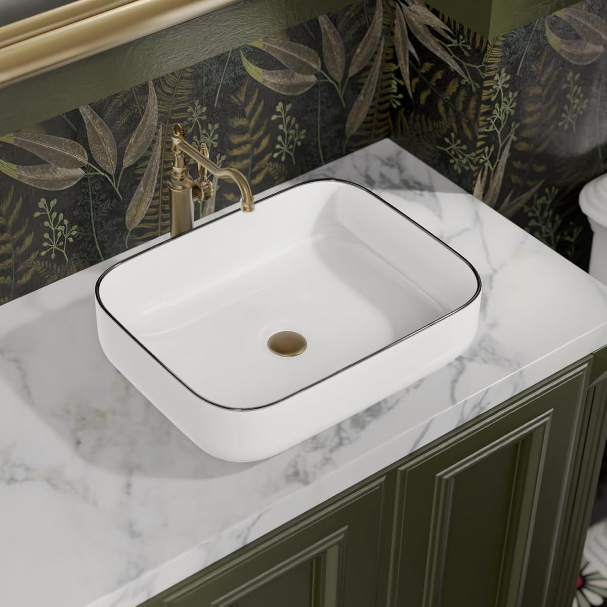 Bathroom Vessel Sink Rectangle Above Counter Porcelain Ceramic Sink Top Mount Rectanglar Countertop Sink for Bathroom 19.7"x15.2"x5.4" Glossy White with Black Rim