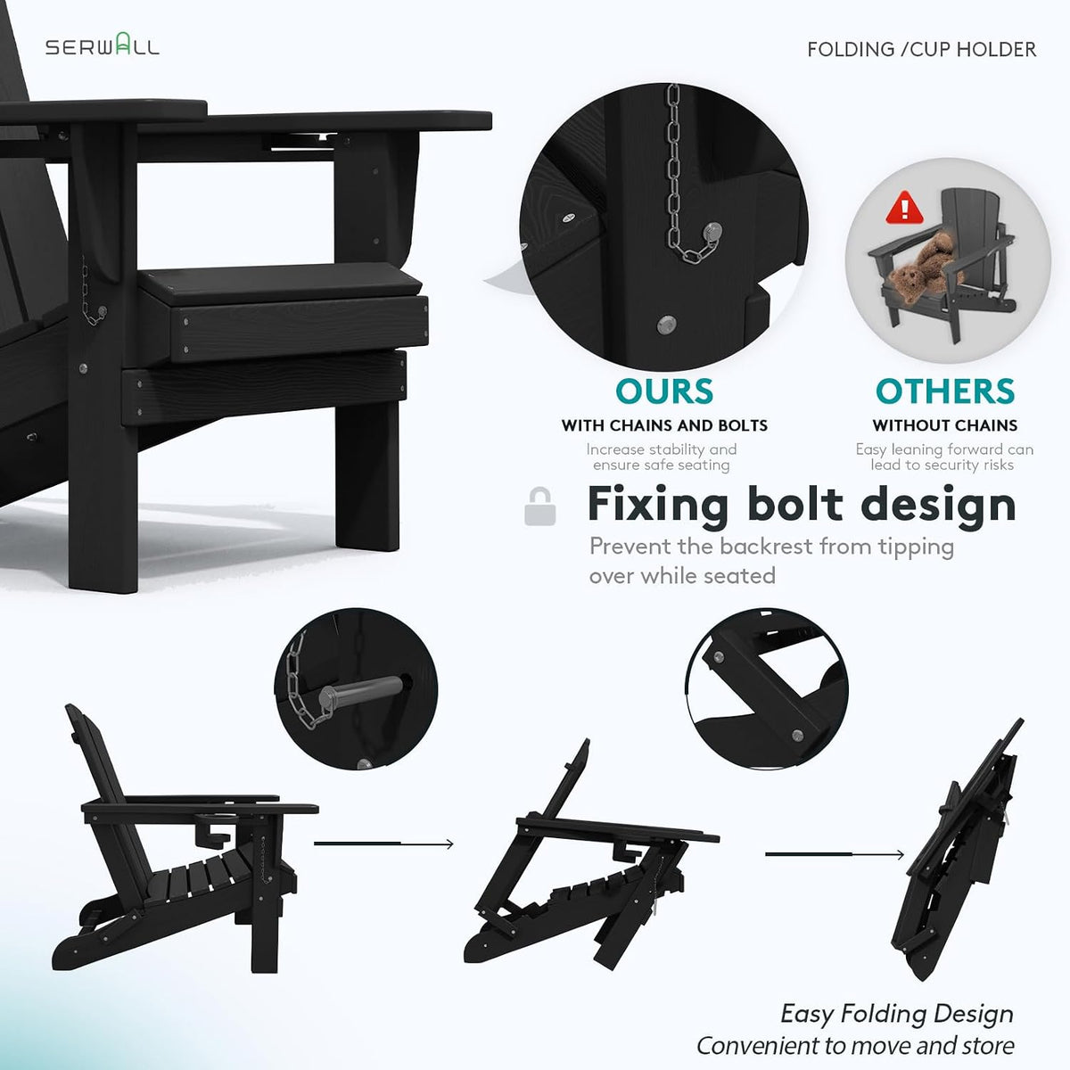 Outdoor Adirondack Chair Set of 2 with 2 Cup Holders,Foldable,Black | HDPE Composite,Waterproof,Wood Grain,Cup &