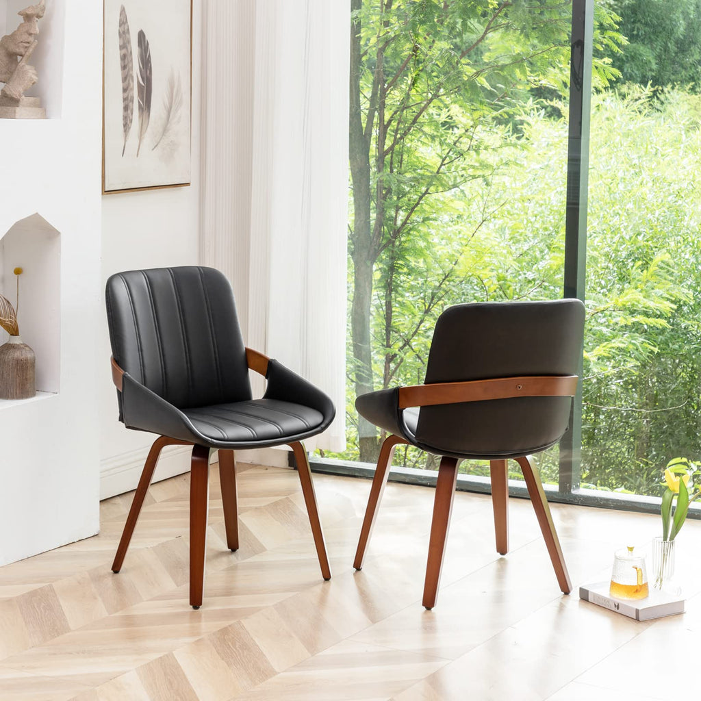 Mid Century Modern Faux Leather Upholstered Dining Chairs, Armless Accent Chairs with Sturdy Natural Wood Legs, Bamboo