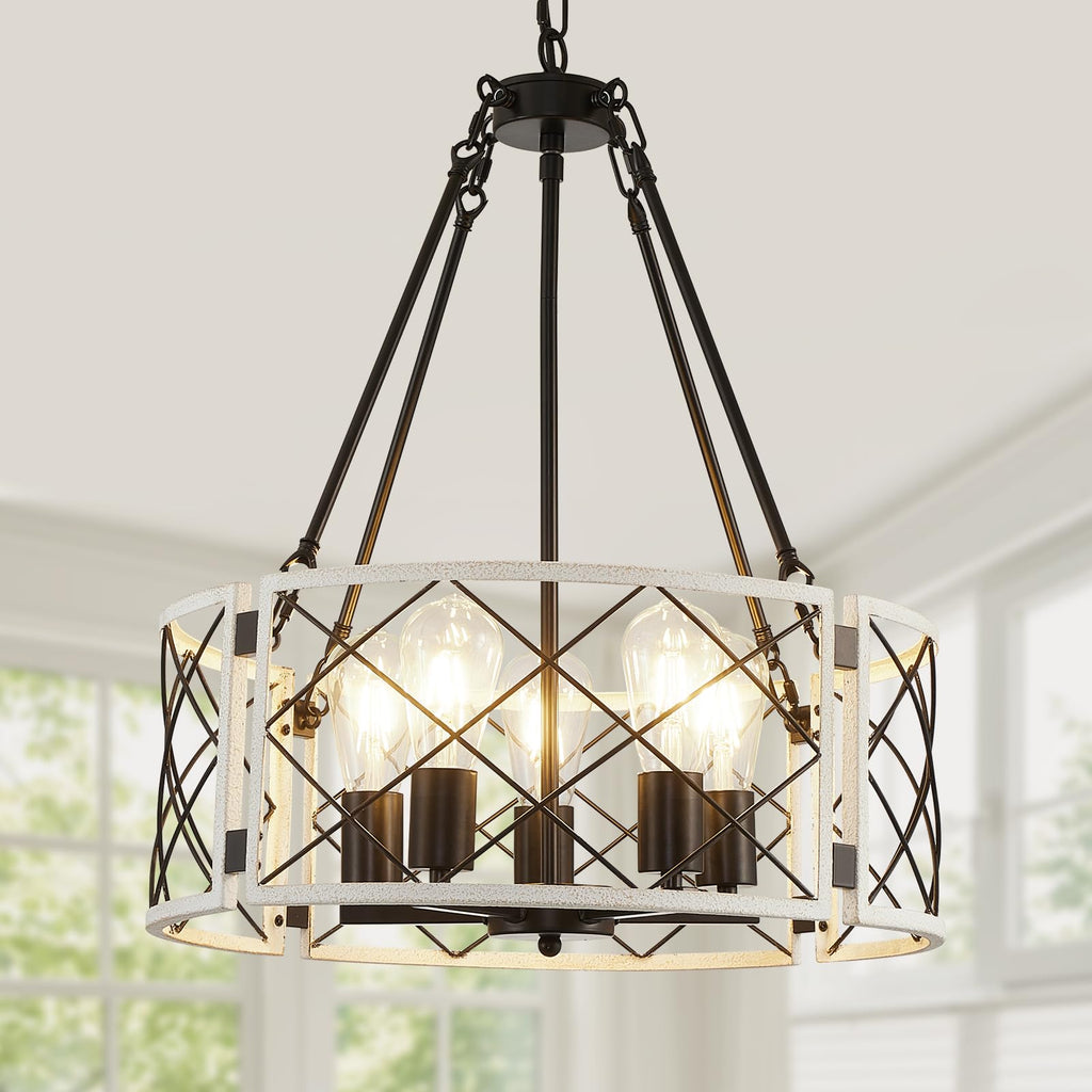21'' Farmhouse Chandelier, 5-Light Black & Vintage White Dining Room Light Fixture Over Table, Rustic Industrial Drum