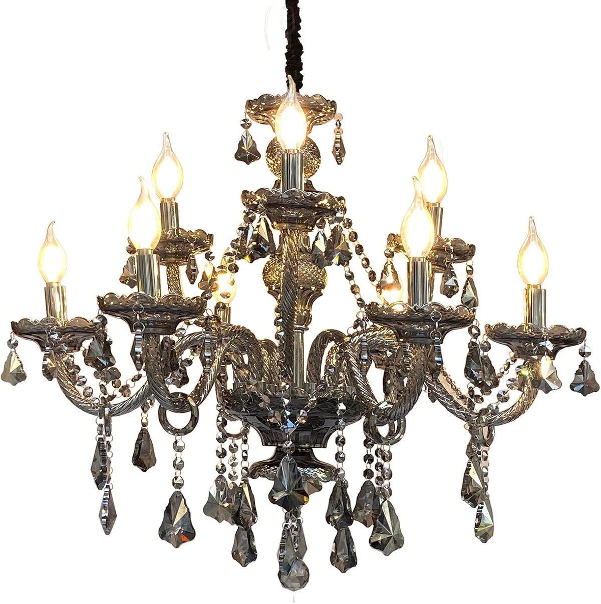 Double-Layer Smoke Gray Crystal Chandelier with Tiered Pendants