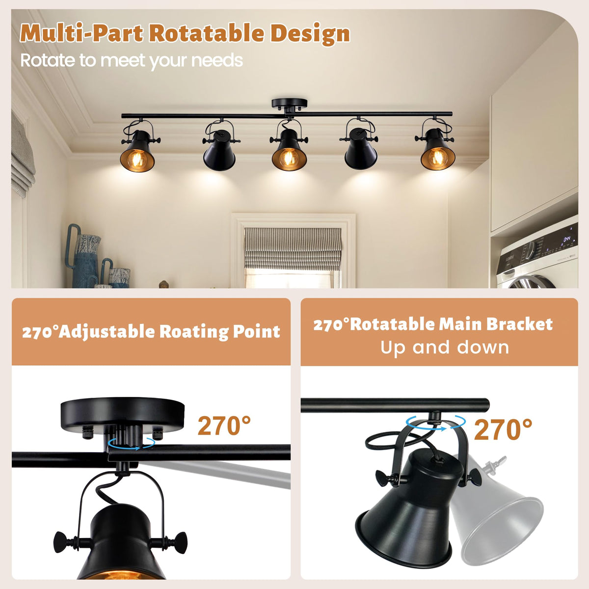 44" Farmhouse Track Lighting Fixtures Ceiling Black Track Light 5 Light