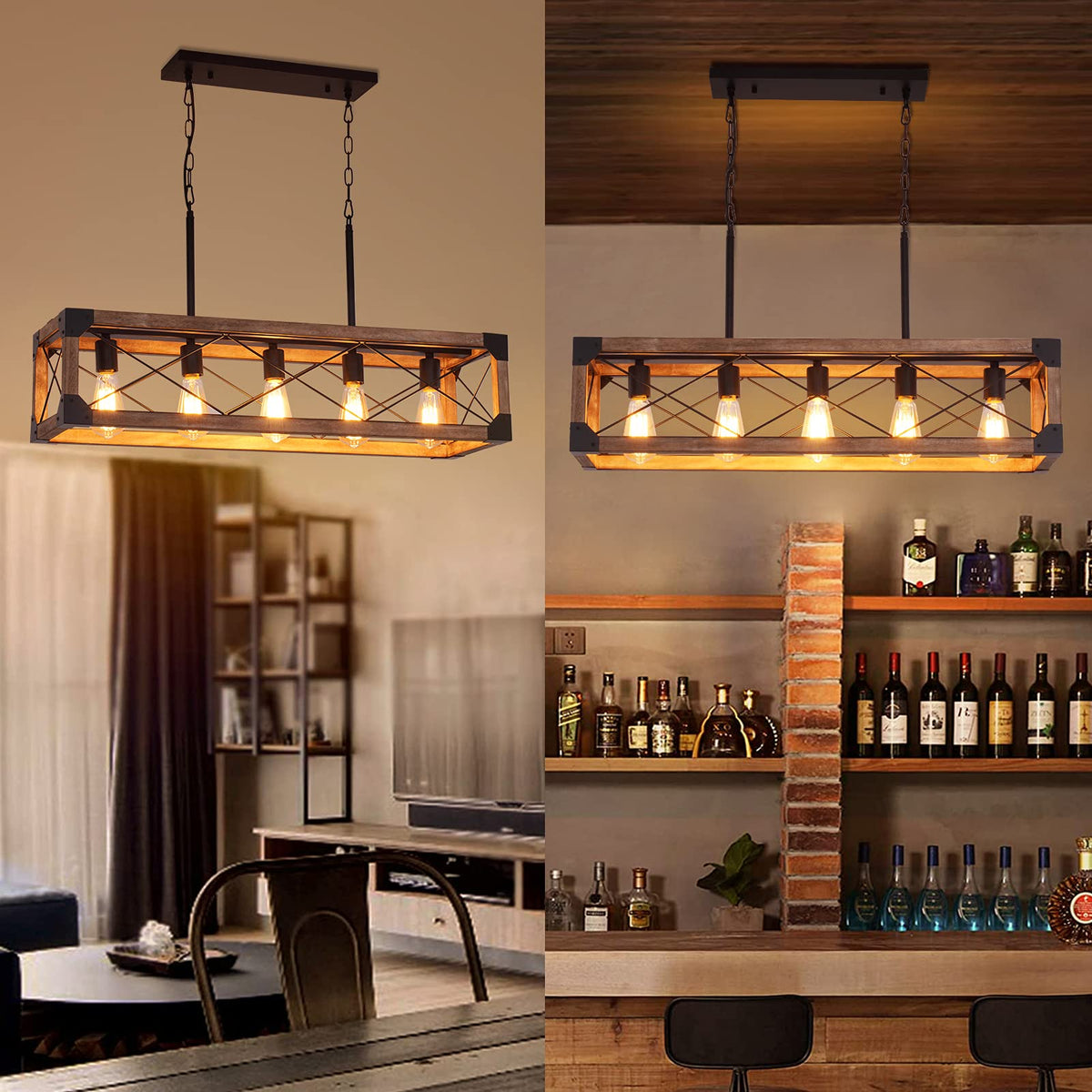 Kitchen Island Lighting, 33.5-Inch 5 Lights Farmhouse Linear Chandelier Pool Table Pendant Light Fixture, Rustic Wood