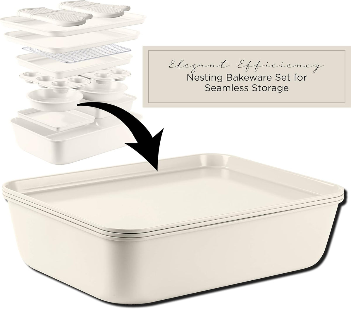 Nonstick Stackable Bakeware Set - Deluxe Heavy Duty, Durable, Easy Release Set, Cream, 13 Pcs