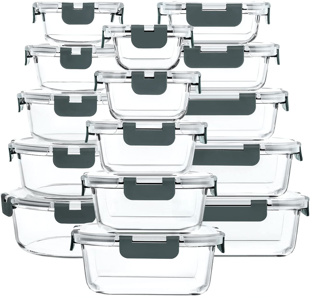 30 Piece Extra Large Glass Food Storage Containers with Lids,Gray