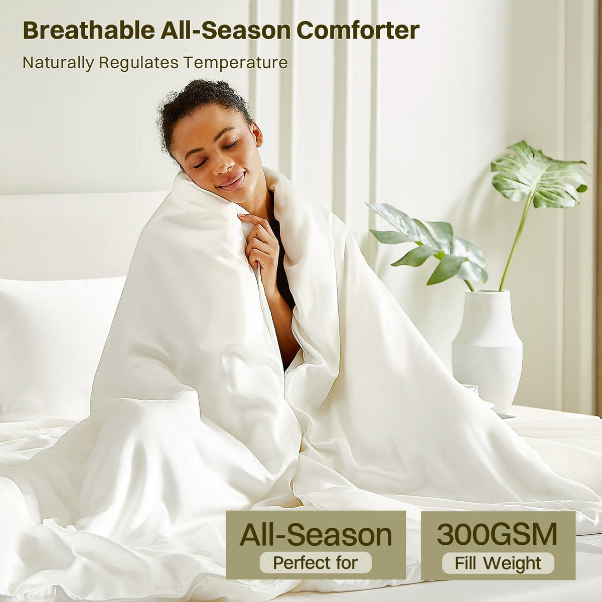 Silk Comforter Set 4 Pieces, All-Season 100% Silk Filled Comforter with Detachable Duvet Cover, Moisture-Wicking