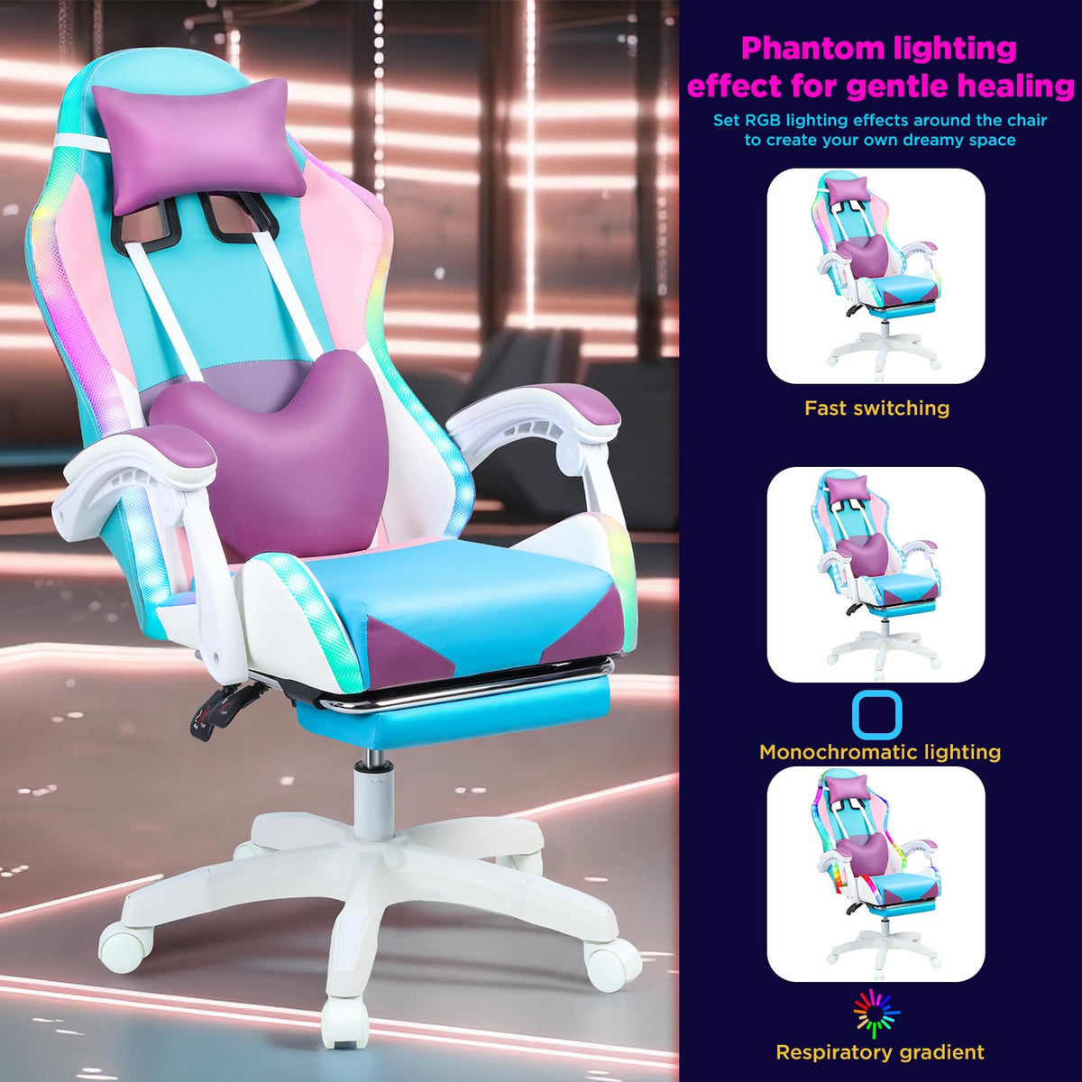 Gaming Chair with Led Lights, Gamer Chair with Footrest High Back and Lumbar Support, Ergonomic Height Adjustable