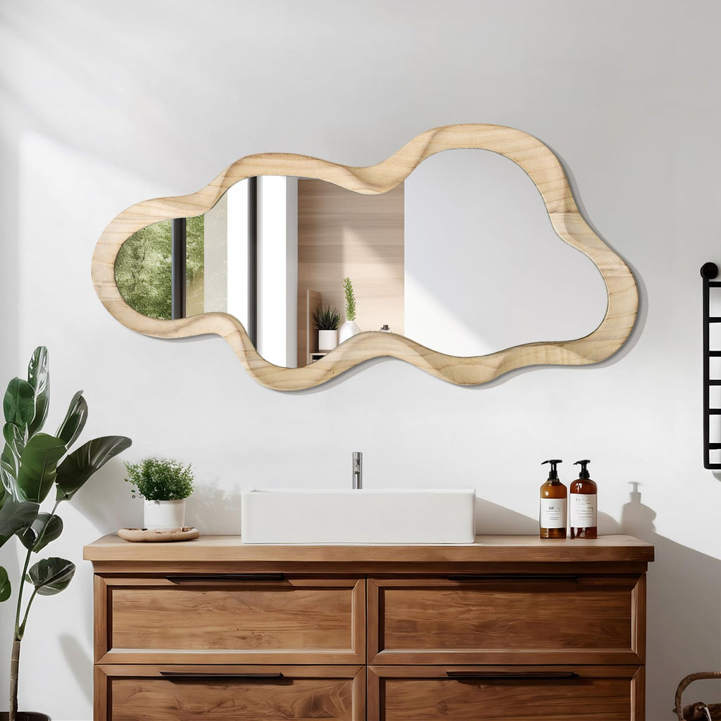 Large Asymmetrical Mirror, Irregular Cloud Wall Mirror Wood Frame Mirror