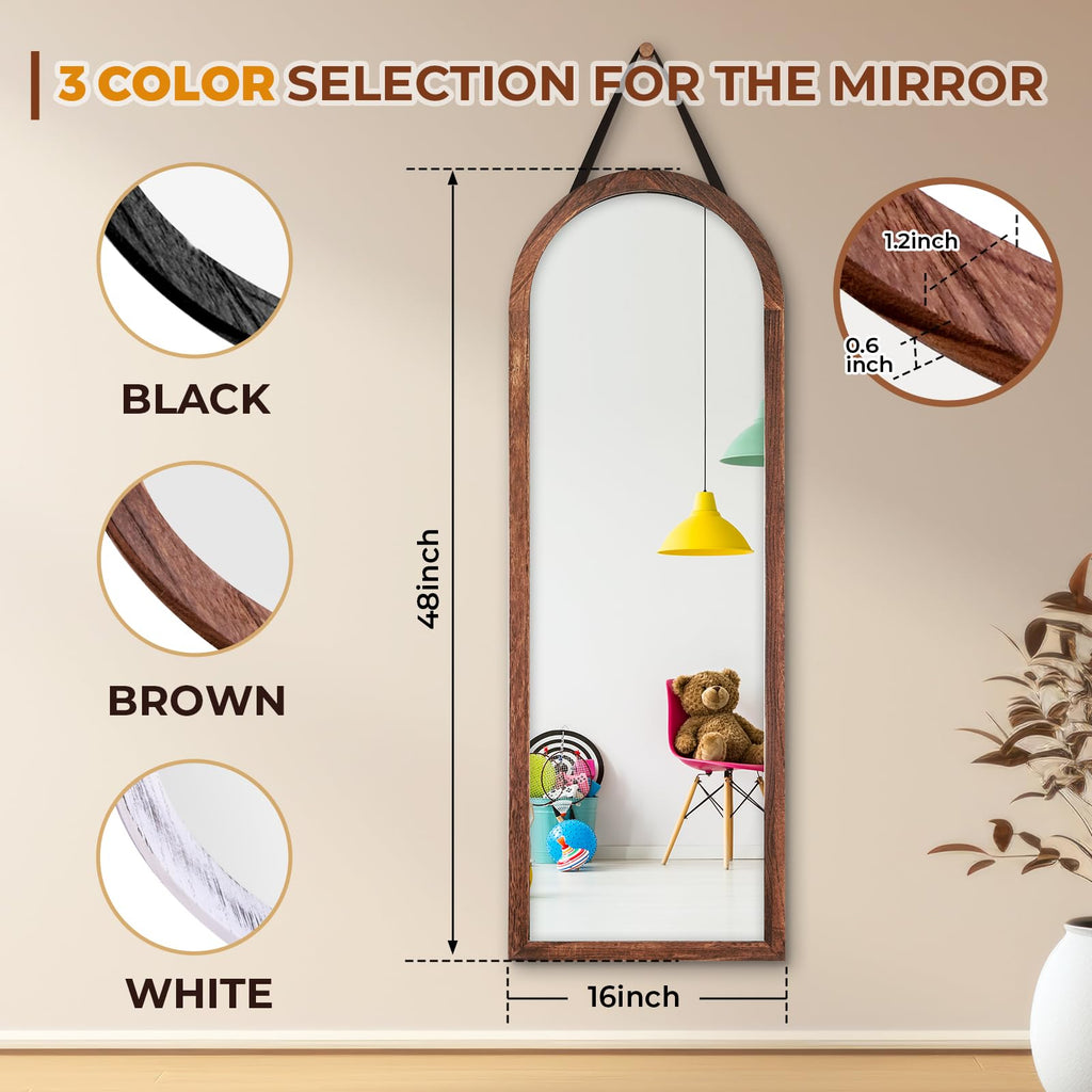 48x16in Arched Full Length Mirror Solid Wood Frame, Brown
