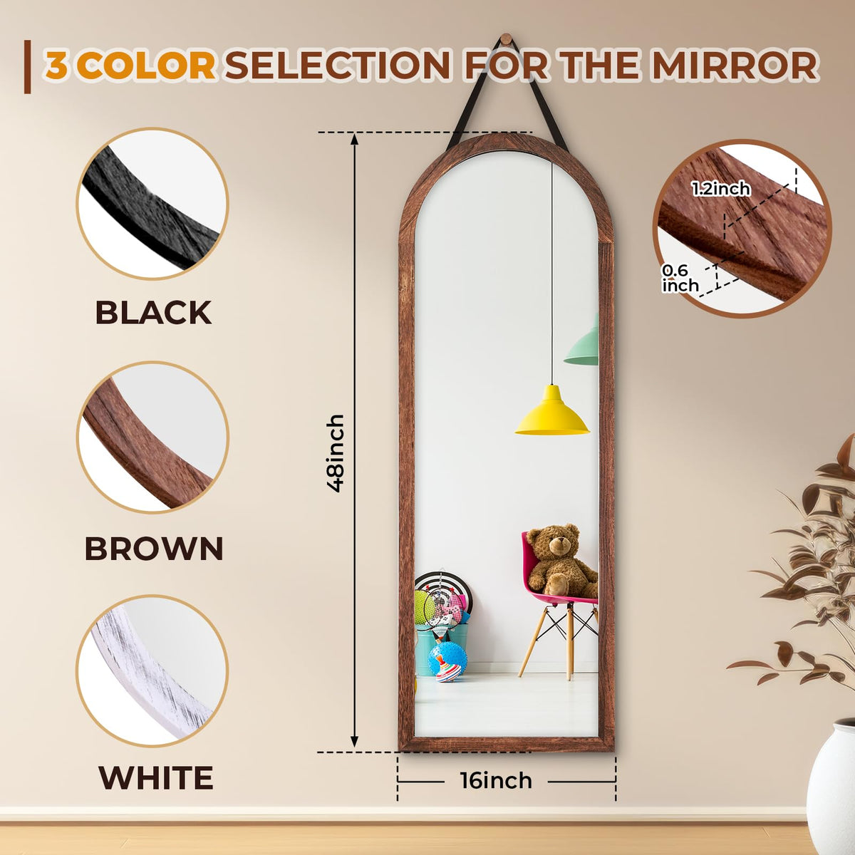 48x16in Arched Full Length Mirror Solid Wood Frame, Brown