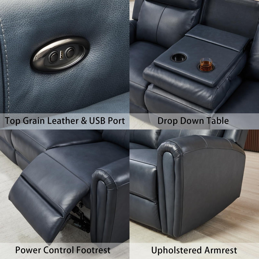 Blue Genuine Leather Power Recliner Sofa Couch with USB Port.