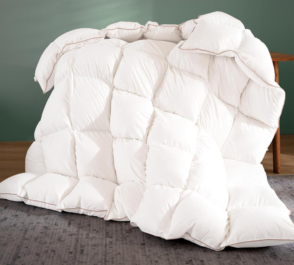 Down Comforter - All Season Medium Weight Fluffy White Duvet Insert, Warm Feather Bedding, Soft 100% Cotton Cover