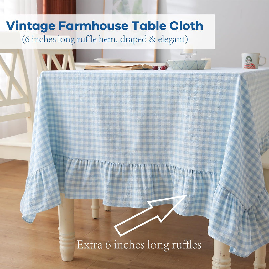 Light Blue White Gingham Ruffle Tablecloth Rectangular 120"x60"