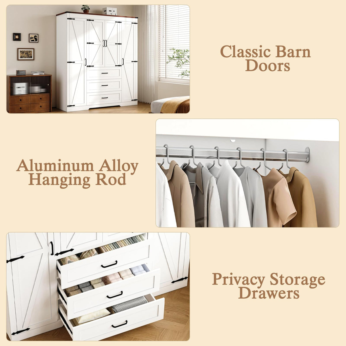 70" Tall Armoire Wardrobe Closet with 4 Doors & 3 Drawers, Farmhouse Bedroom Storage Cabinet with Hanging Rod