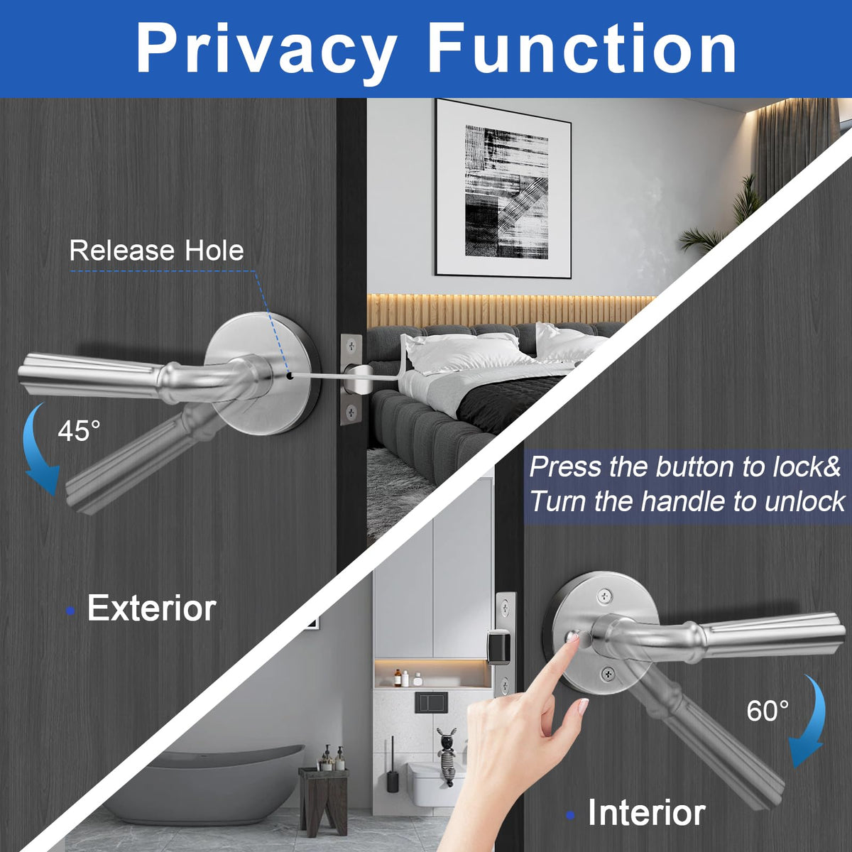 10 Pack Satin Nickel Privacy Door Lever Interior Door Handle with Lock, Keyless Bed Bath Door Handle Round Door Lever