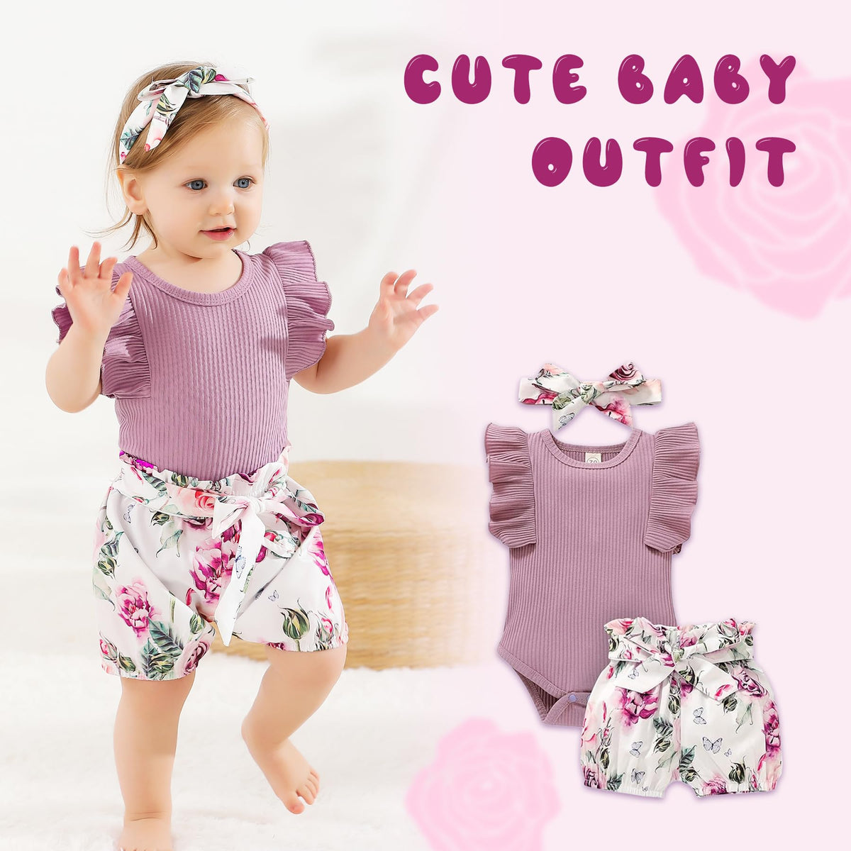 Baby Girl Clothes Infant Summer Outfits Set Ruffle Sleeve Romper and Floral Shorts with Headband