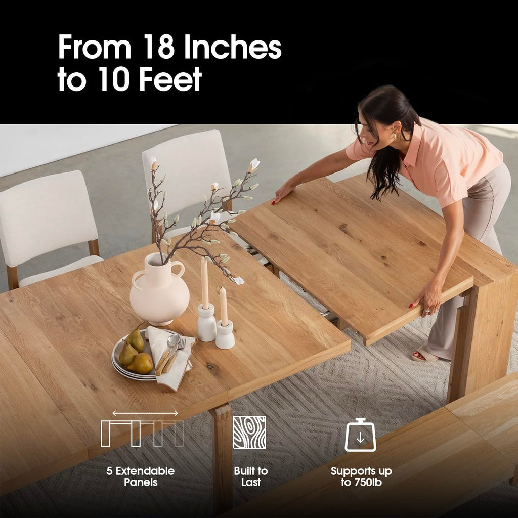 Solid Wood Extendable Dining Table with 2 Benches, Seats 2-12, Expandable Table, Space-Saving Furniture, Expandable